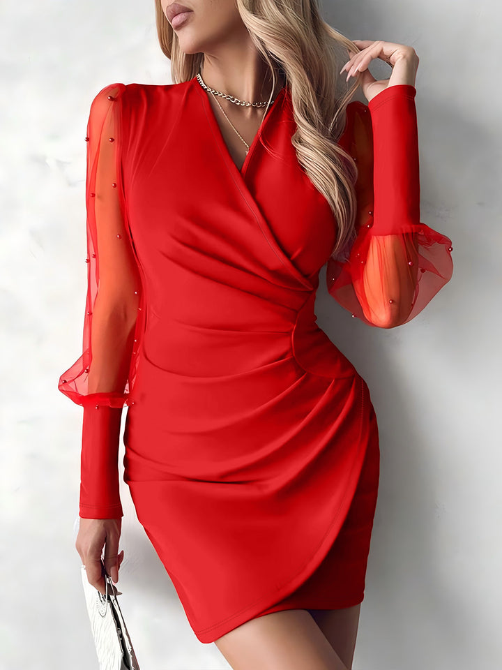 Damen Wickelkleid mit transparenten Puffärmeln und glitzernden Detals Drune