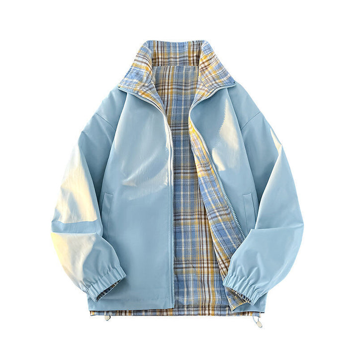 Damen lässige Windjacke mit kariertem Innenfutter und hohem Kragen Drune