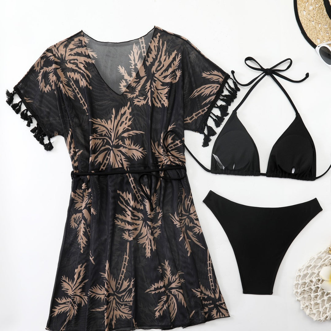 Damen strandtaugliches Kaftan-Set mit modischem Palmendruck Drune