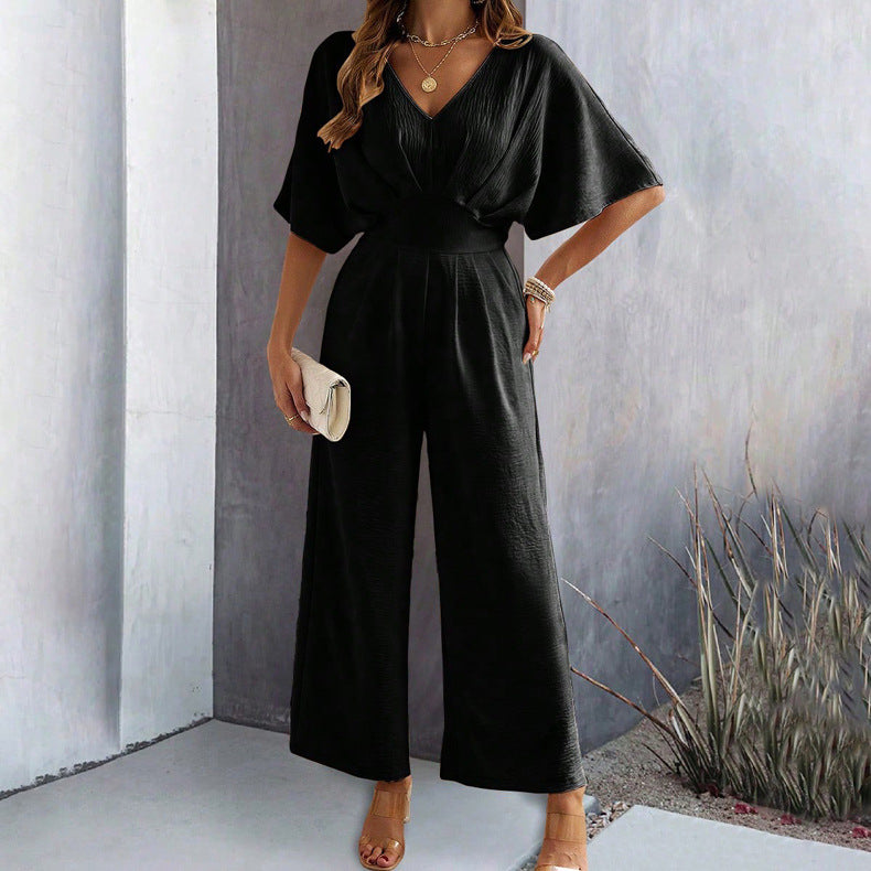 Damen Weit geschnittener Jumpsuit mit eleganten Drapierungen und V-Ausschnitt Drune