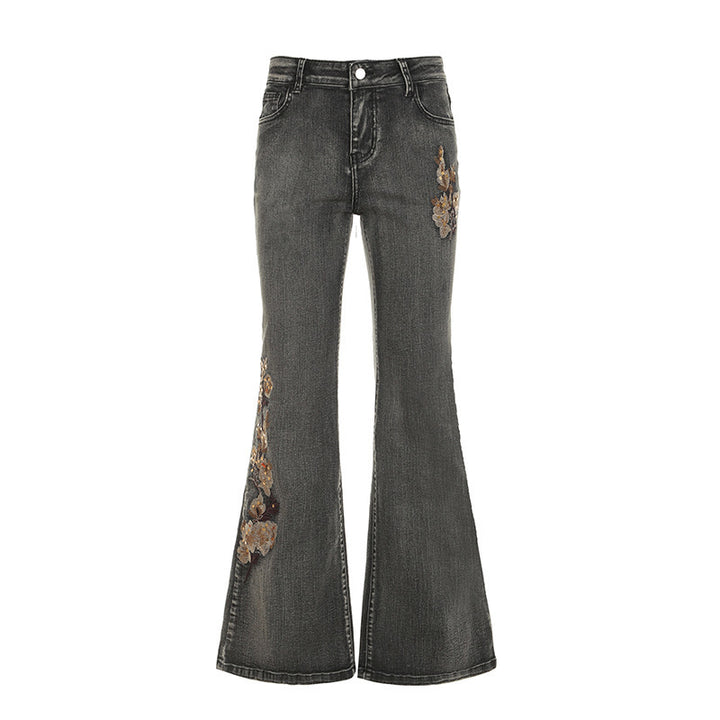 Damen Flared Jeans mit floralem Stickdesign Drune
