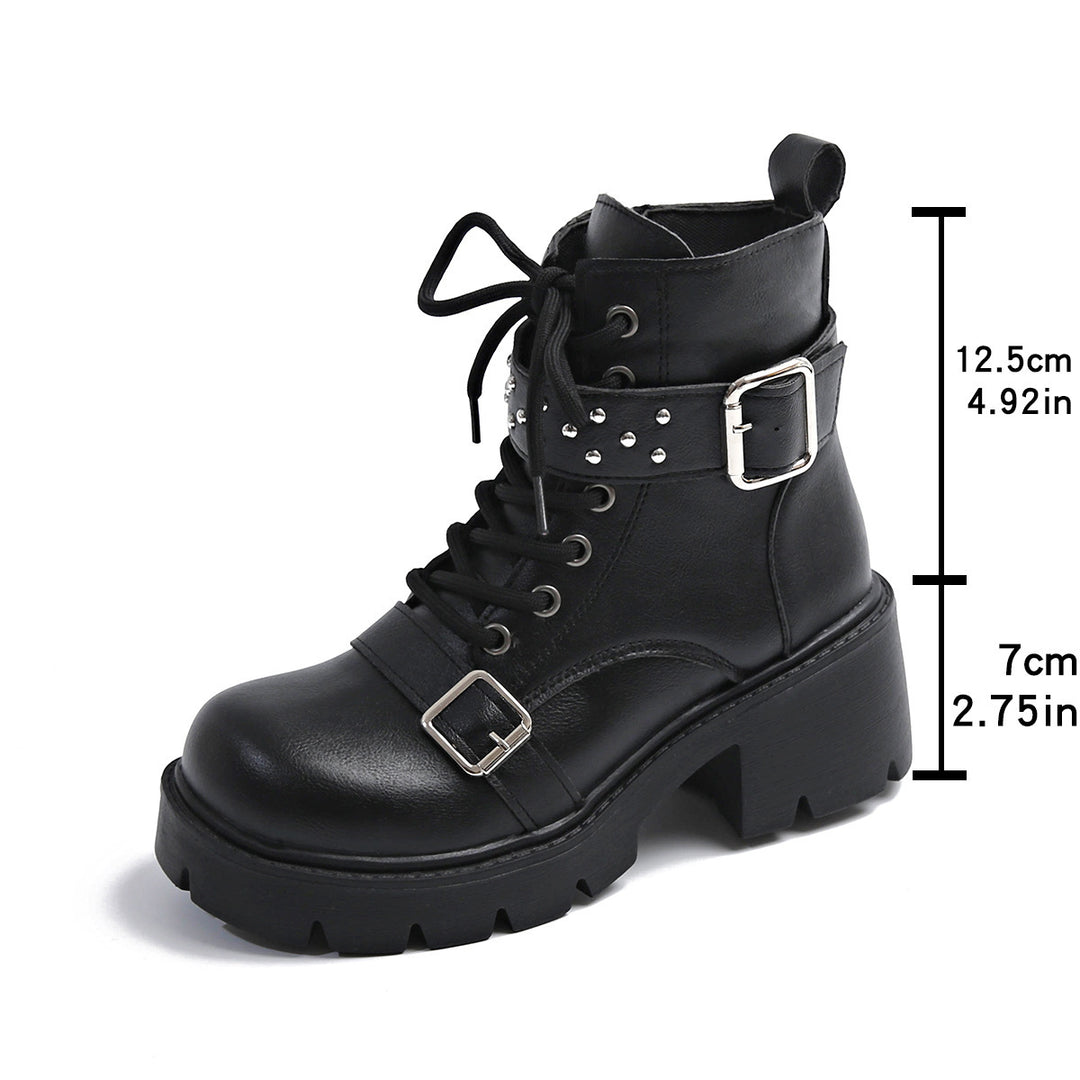 Damen nan robuste Schnür-Bikerboots mit Ziernietriemen, seitlichem Reißverschluss und profilierter Plateausohle Drune