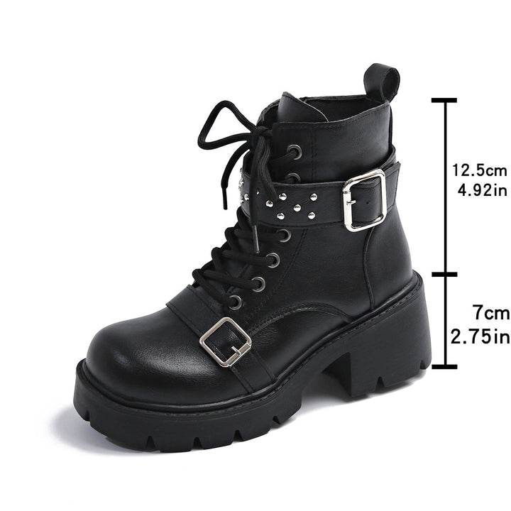 Damen nan robuste Schnür-Bikerboots mit Ziernietriemen, seitlichem Reißverschluss und profilierter Plateausohle Drune