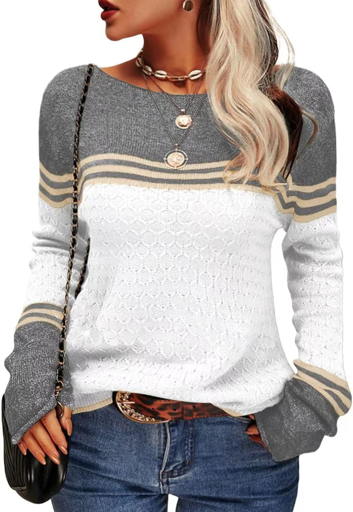 Damen lässiger Strickpullover mit kontrastierenden Farbblöcken und einzigartiger Textur Drune