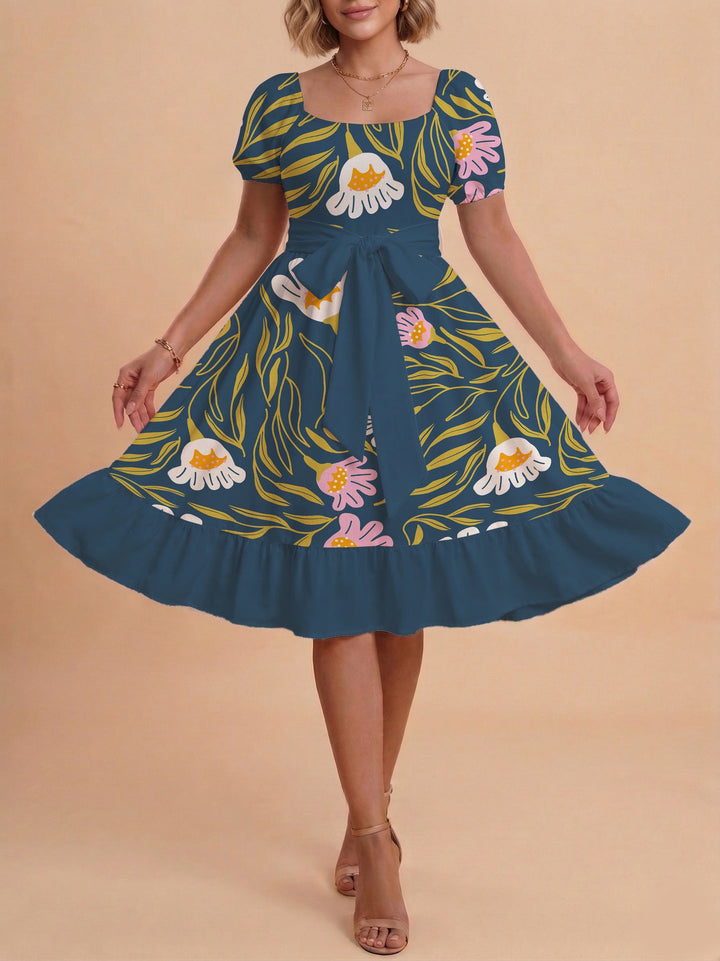 Damen Sommerliches Blumenkleid mit taillierbarem Gürtel und voluminösen Ärmeln Drune
