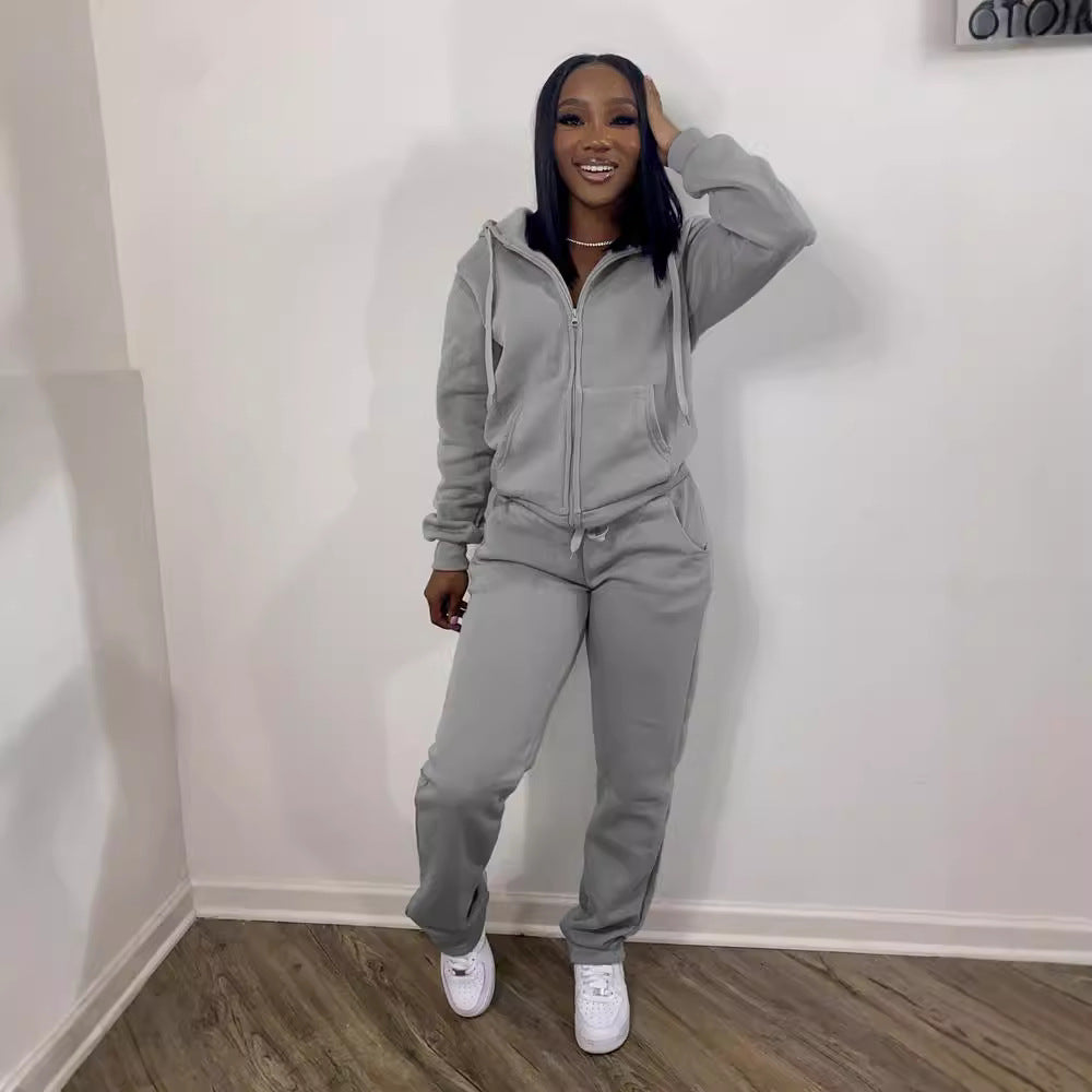 Damen nan Komfort-Zip-Hoodie mit taillenhoher Bootcut-Jogginghose Set Drune