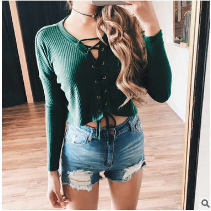 Damen Cropped Pullover mit Schnürung Drune