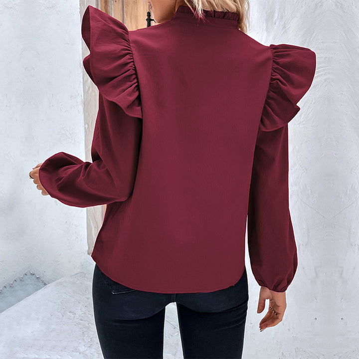 Damen elegante Bluse mit Rüschenärmeln und Knopfdetails Drune
