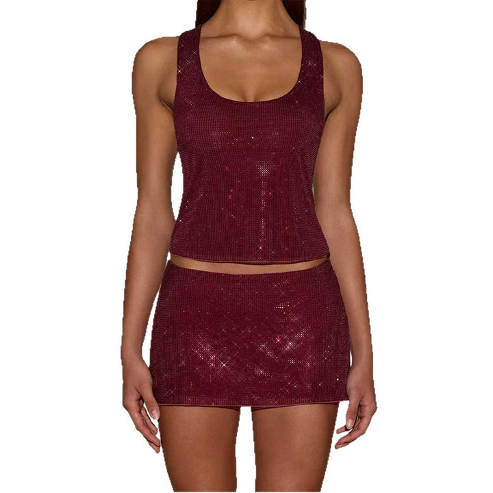 Damen Glitzerndes Sport-Set mit ärmellosem Oberteil und kurzem Rock Drune