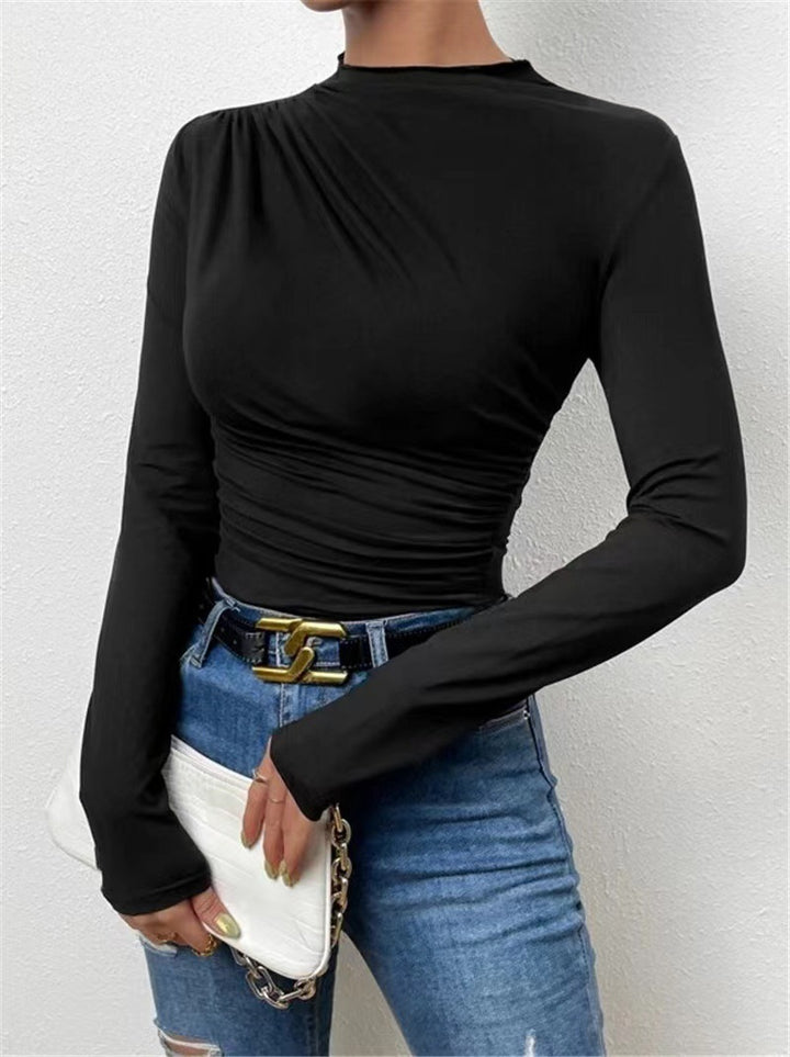 Damen nan gerafftes Langarmshirt mit asymmetrischem U-Boot-Ausschnitt und figurbetonter Silhouette Drune