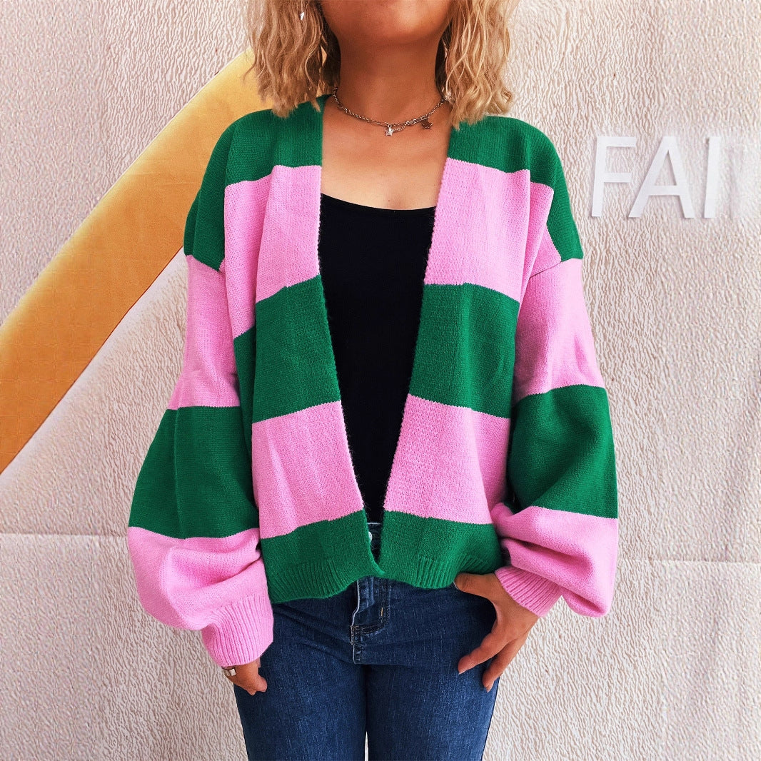 Damen lässige Strickjacke mit breitem Streifenmuster und extra weitem Schnitt Drune