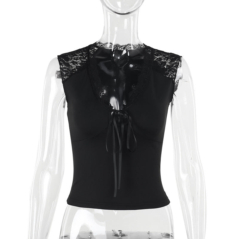 Damen Top mit Spitzenbesatz und raffiniertem Bindedetail Drune