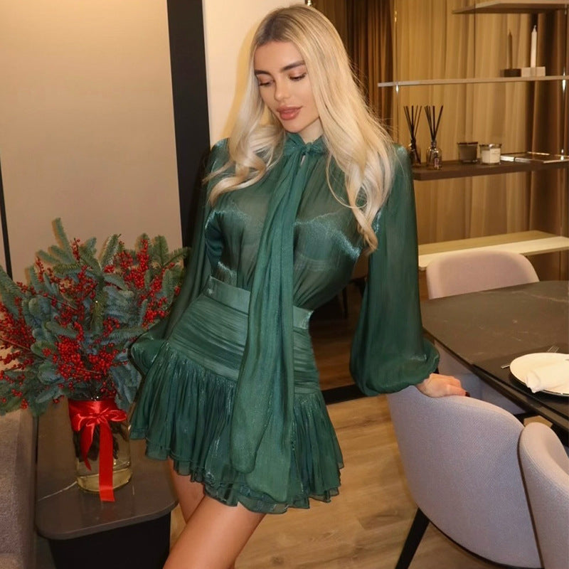 Damen elegantes Chiffon-Kleid mit Rüschendetails und Bindegürtel Drune
