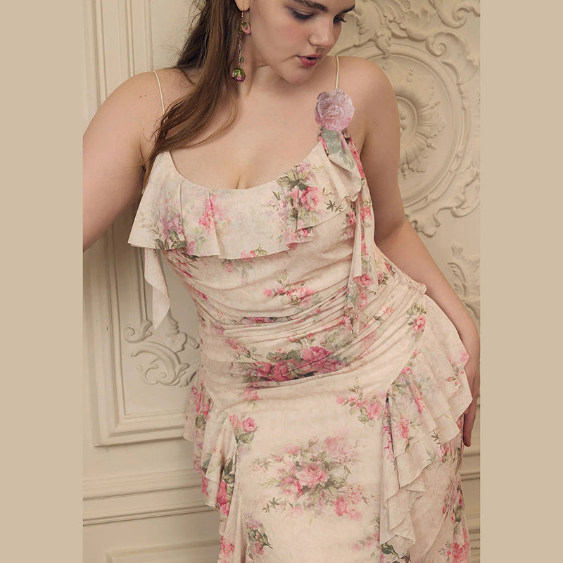 Damen Maxikleid mit floralem Rüschendesign und einem einseitigen Träger Drune