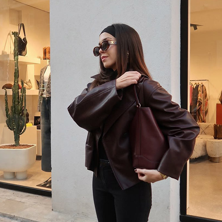 Damen modische Kunstlederjacke mit doppelter Knopfleiste Drune