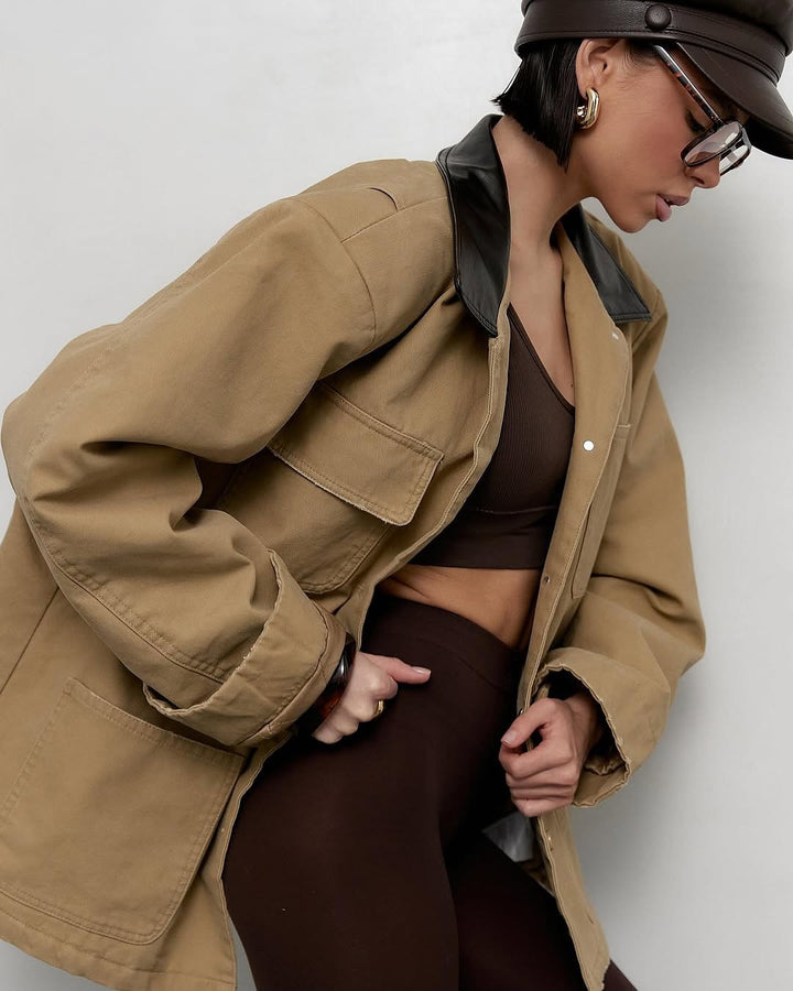 Damen lässige Oversized-Jacke mit ledernem Kragen und praktischen Taschen Drune
