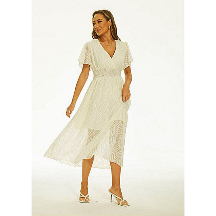 Damen Maxi-Kleid mit elegantem V-Ausschnitt und feinen Rüschendetails Drune