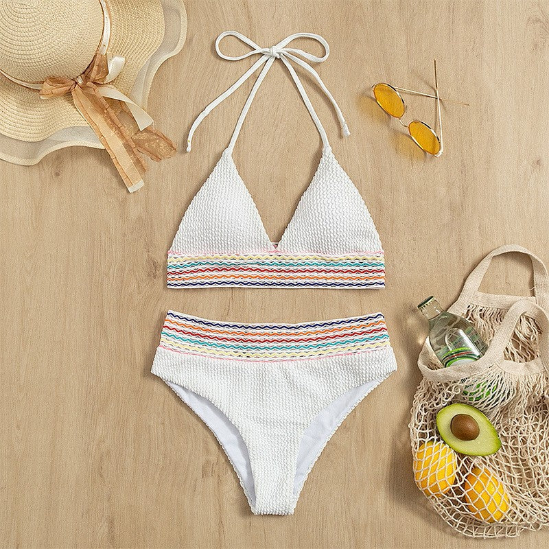 Damen Triangel-Bikini mit hoch geschnittenem Unterteil und buntem Wickelband Drune