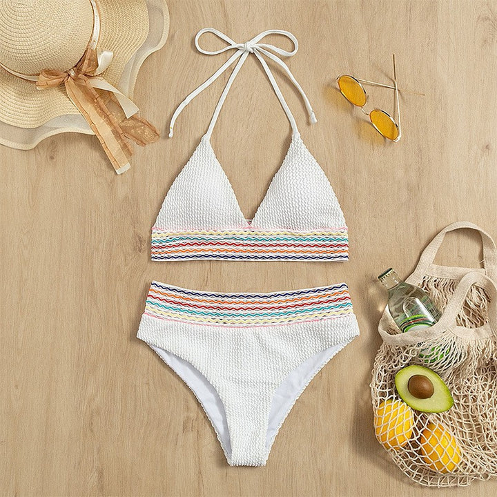 Damen Triangel-Bikini mit hoch geschnittenem Unterteil und buntem Wickelband Drune