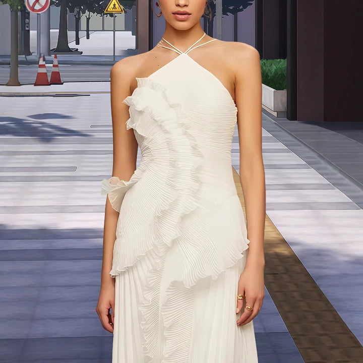 Damen Elegantes Wickelkleid mit fließendem Faltenrock und asymmetrischen Rüschendetails Drune