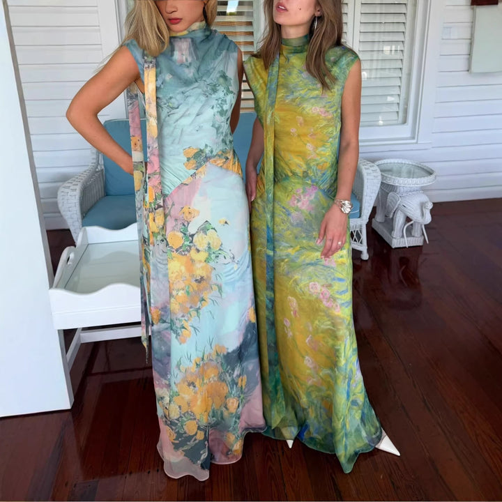 Damen Langes Kleid mit floralem Design und hochgeschlossenem Kragen Drune