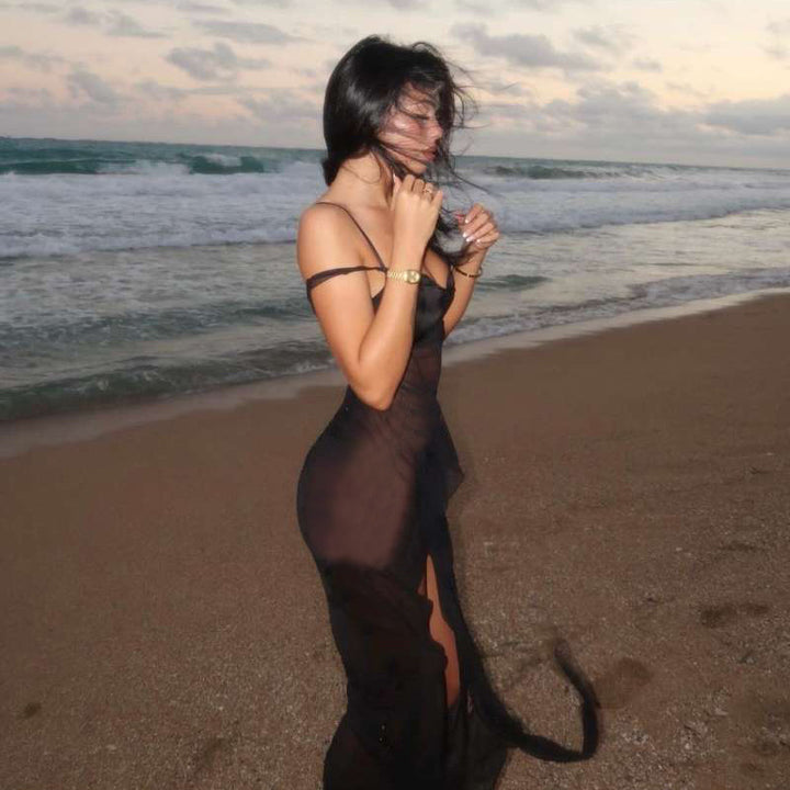 Damen transparenter Maxi-Strandanzug mit asymmetrischem Schnitt und Rüschen Drune