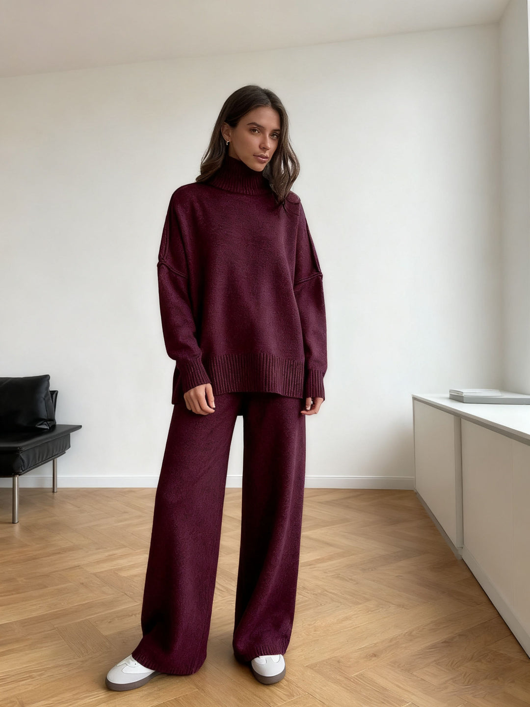Damen entspannendes Fleece-Loungewear-Set mit hohem Kragen Drune