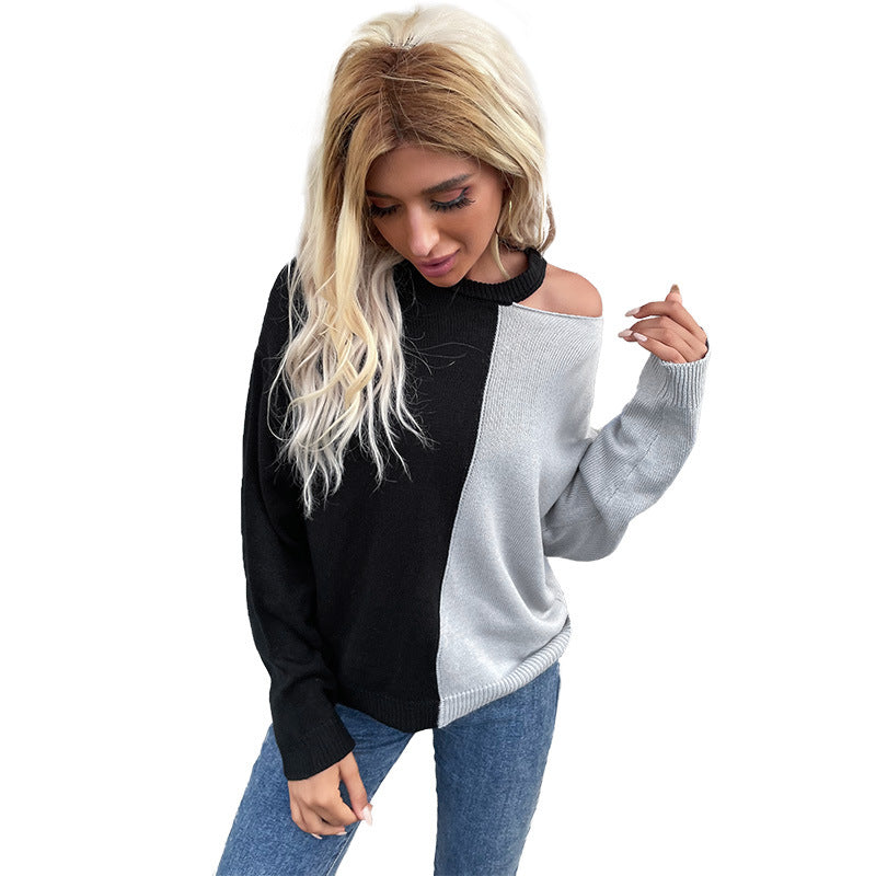 Damen asymmetrischer Strickpullover mit Schultercut-Out und kontrastierenden Farben Drune