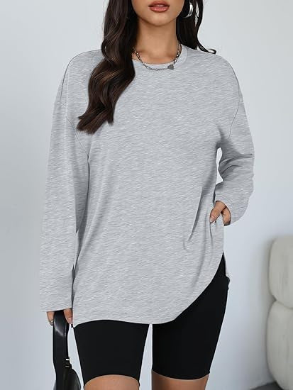 Damen lässiges Longsleeve T-Shirt mit Seitenschlitzen Drune