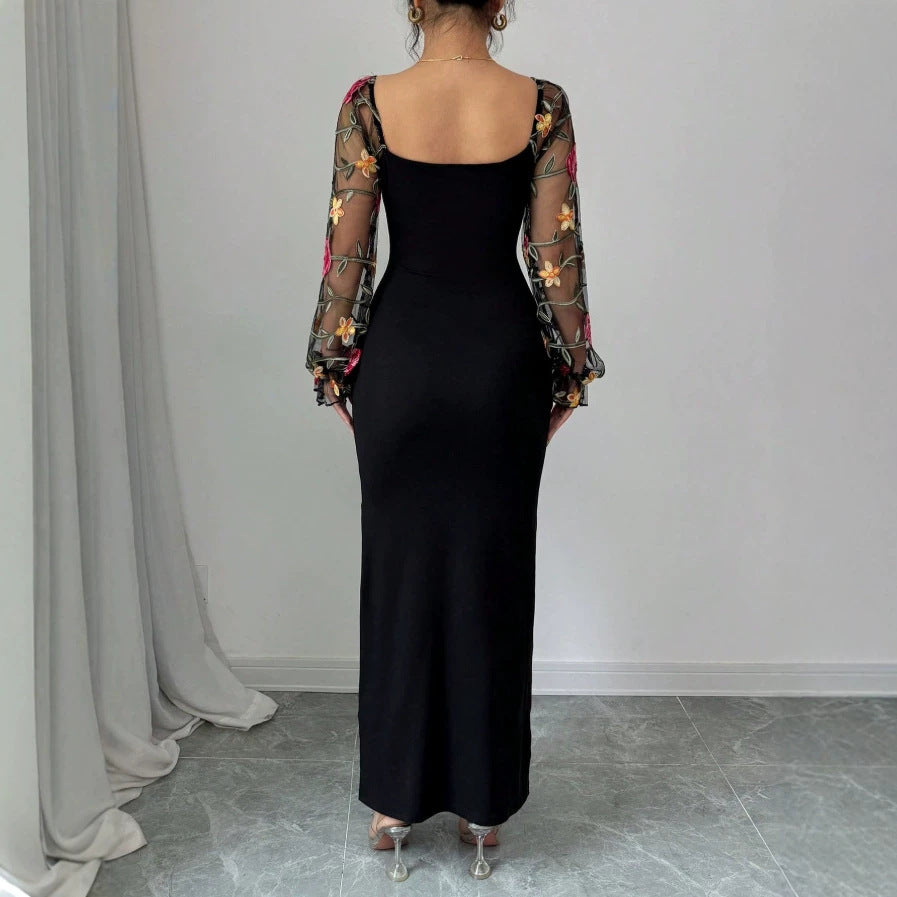 Damen Elegantes Maxikleid mit floralen Spitzenärmeln und figurbetontem Schnitt Drune