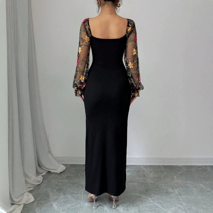Damen Elegantes Maxikleid mit floralen Spitzenärmeln und figurbetontem Schnitt Drune
