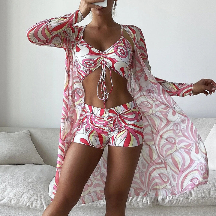 Damen Strandanzug mit leichtem Kimono und buntem Unterteil Drune