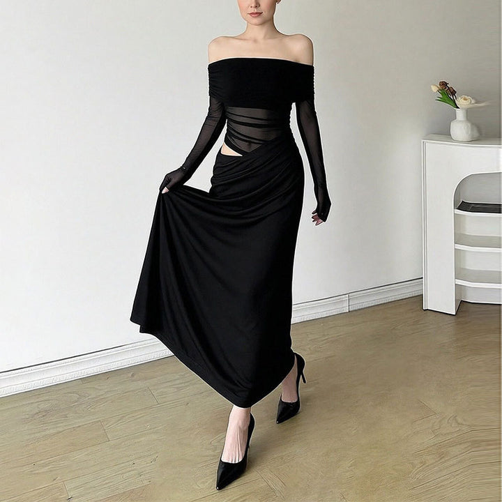 Damen Elegantes Off-Shoulder Maxikleid mit Rüschendetails und langem Arm Drune
