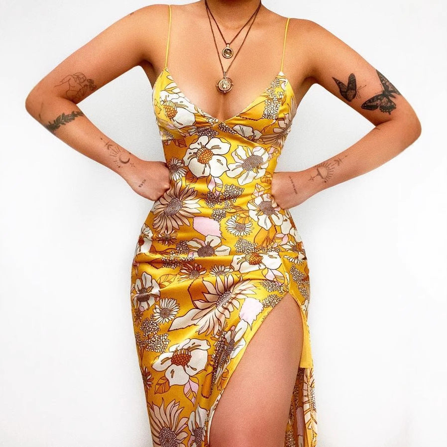 Damen Maxikleid mit tiefem V-Ausschnitt und elegantem Schlitz Drune