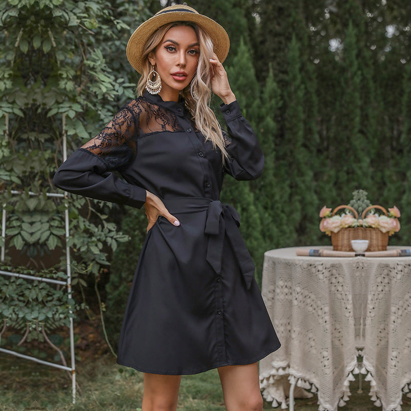 Damen elegantes Hemdblusenkleid mit Spitzenärmel und taillierbarem Gürtel Drune
