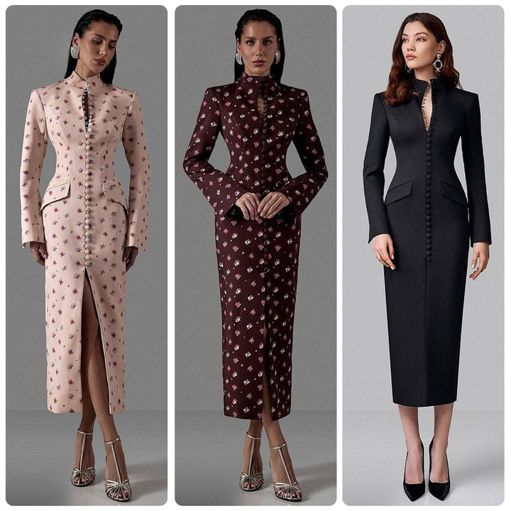 Damen Elegantes Langarmkleid mit floralem Muster und hochgeschlossenem Kragen Drune