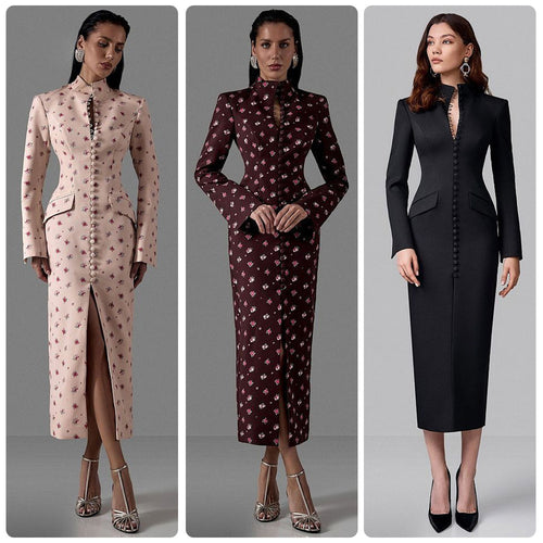 Damen Elegantes Langarmkleid mit floralem Muster und hochgeschlossenem Kragen Drune