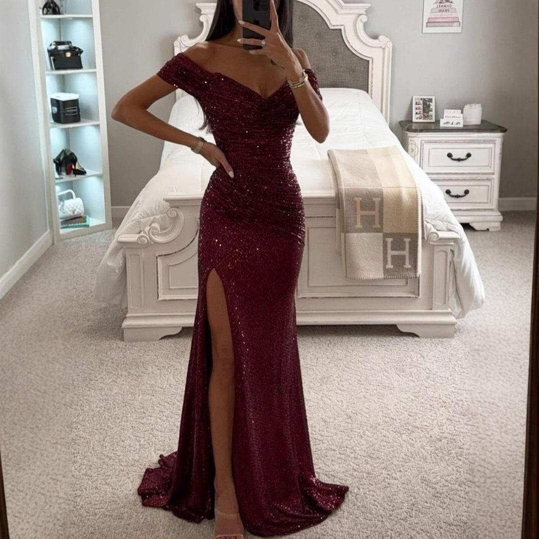 Damen Glamouröses Abendkleid mit schulterfreiem Schnitt und schimmerndem Stoff Drune