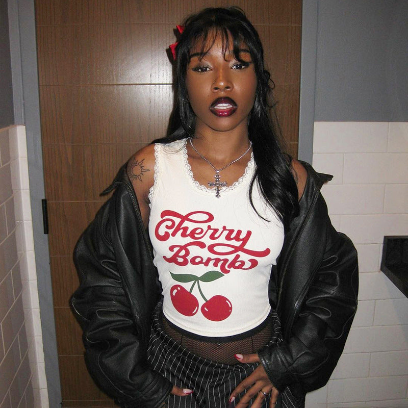Damen lässiges Crop-Top mit charmantem Spitzenrand und fröhlichem Print Drune