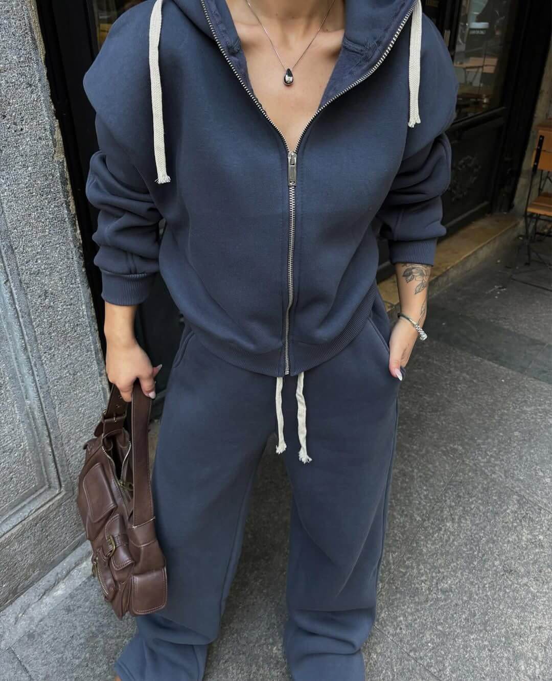 Damen sportlicher Fleece-Hoodie und lässige Jogginghose Set Drune