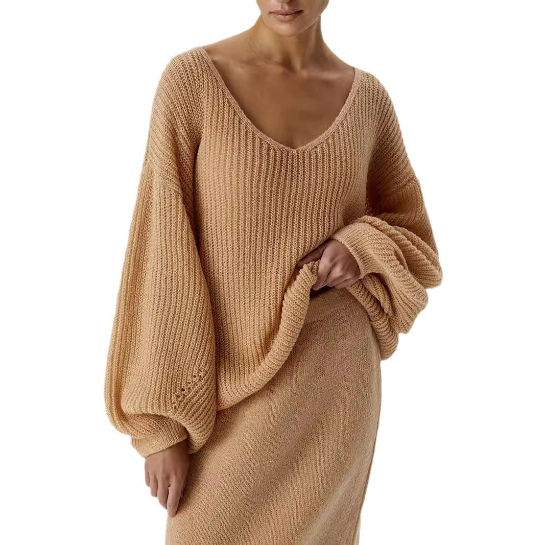 Damen lässiger Strickpullover mit tiefem V-Ausschnitt und voluminösen Ärmeln Drune