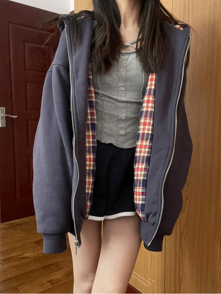 Damen lässige Kapuzenjacke mit kariertem Innenfutter Drune