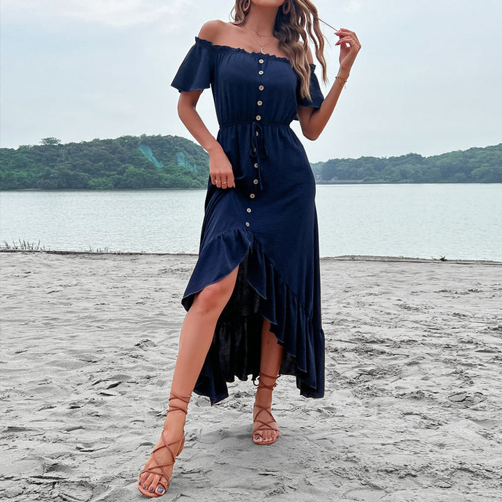Damen Maxikleid mit schulterfreiem Design und knöpfbarem Frontbereich Drune