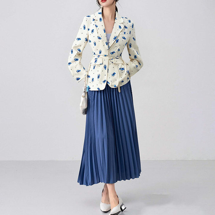 Damen nan taillierter Blumenblazer mit Bindegürtel und Reverskragen Drune