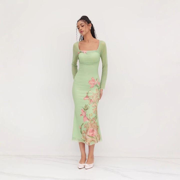 Damen elegantes Midikleid mit floralem Design und transparenten Longsleeves Drune