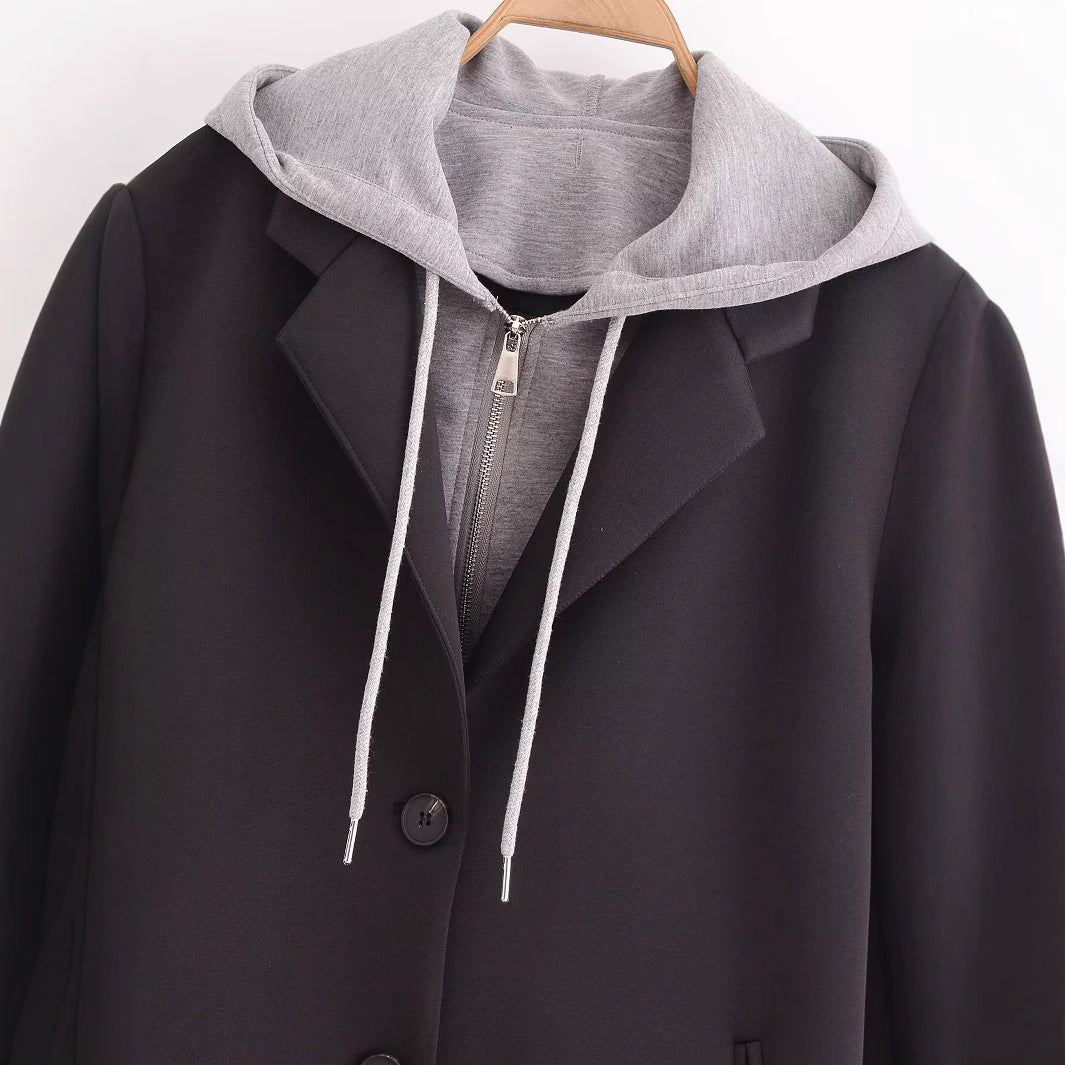 Damen modischer Übergangs-Mantel mit integriertem Kapuzenpullover Drune