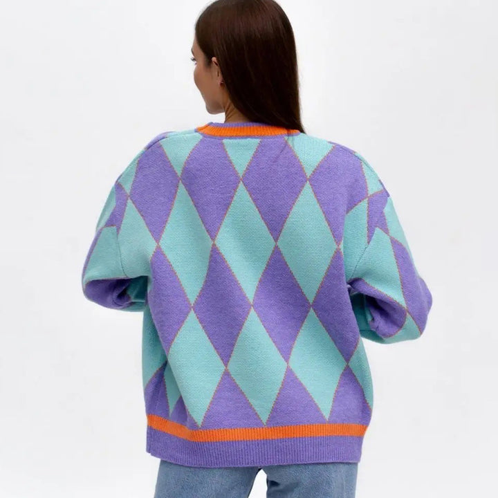 Damen Gemusterter Oversized Pullover mit modernem Rautenmuster und elastischen Säumen Drune