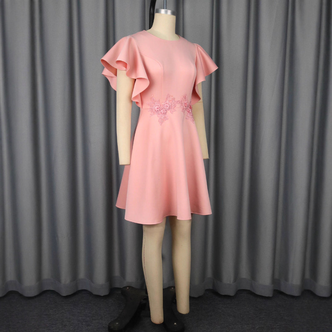 Damen Chic Volantkleid mit floralen Applikationen Drune