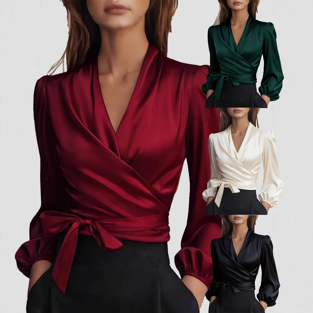 Damen Wickelbluse aus luxuriösem Satin mit eleganten Puffärmeln Drune