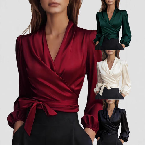 Damen Wickelbluse aus luxuriösem Satin mit eleganten Puffärmeln Drune